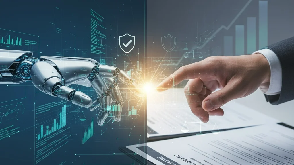 Robot hand and human hand touch fingertips with a bright spark, symbolizing human–AI collaboration in tech and finance.