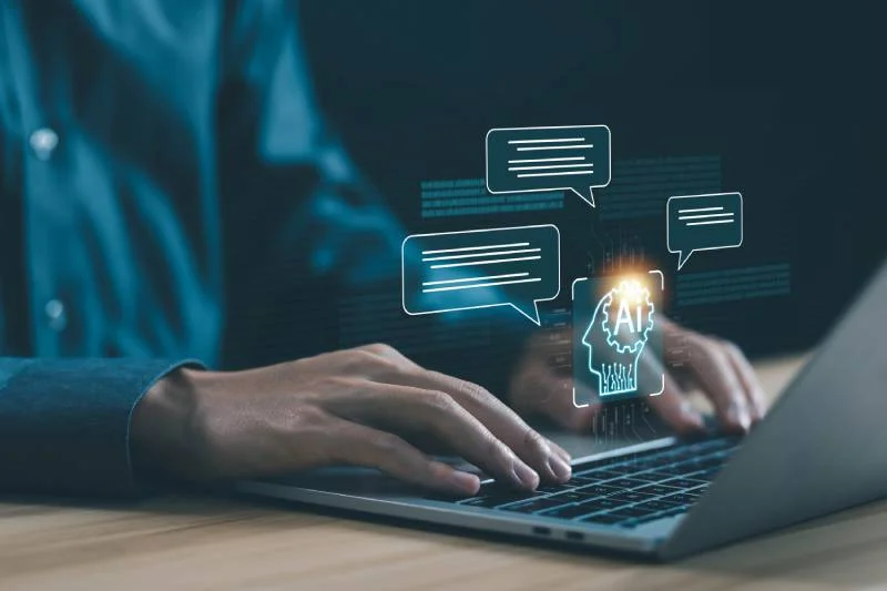 Person typing on a laptop with floating AI chat bubbles and a glowing AI gear icon above the keyboard.