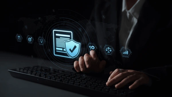 Person typing at a keyboard with a glowing shield and data-security icons, symbolizing cybersecurity